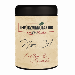 No 31 Pommes & Friends ist der Geschmack deiner Kindheit. Das legendäre "Freibad-Pommes"-Gewürz, aber ohne Geschmacksverstärker! Mit Meersalz, Paprika, Tomatenpulver & einer Prise Rauch.