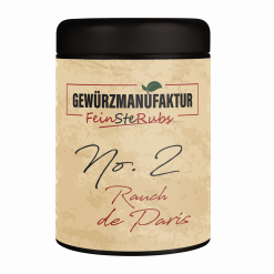 No 2 Rauch de Paris" ist das Upgrade für den Klassiker! Feinste Kräuter wie Estragon & Liebstöckel treffen auf Curry & Eichenrauch-Paprika. Die perfekte Basis für selbstgemachte Café de Paris Butter, Steaks und Saucen.